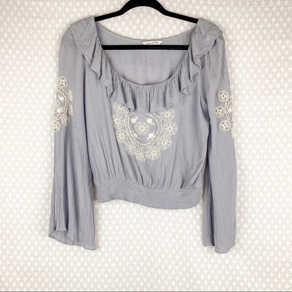 American Eagle Purple Ruffle Embroidered Crop Top - Picture 1 of 7